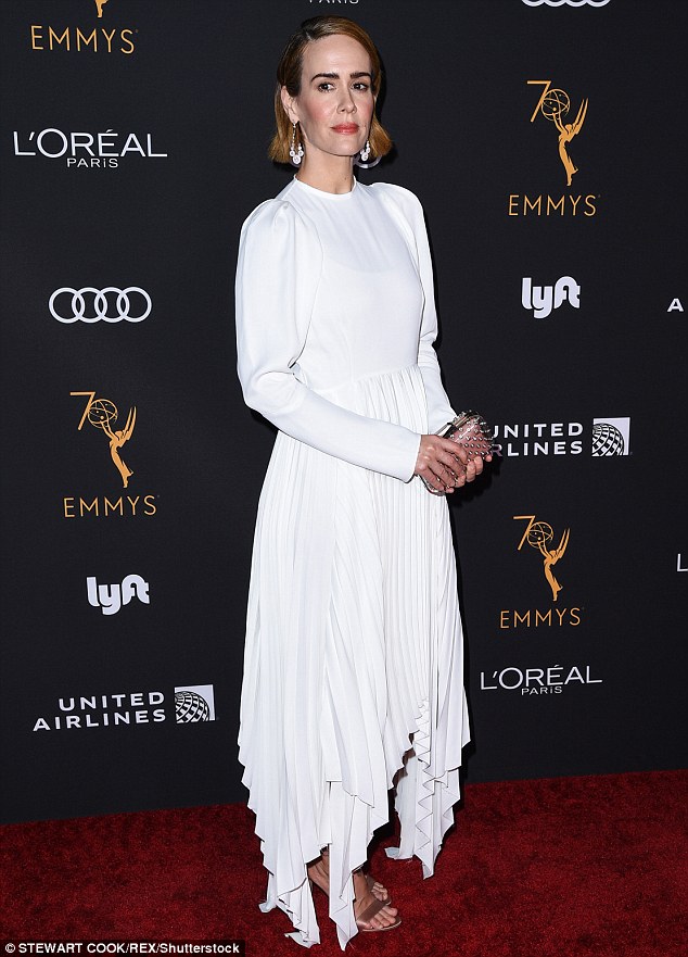 Sarah Paulson Cuts An Elegant Figure In A Pleated White Dress During The Pre Emmy Event Hello